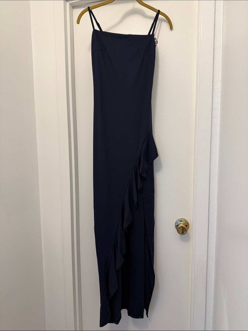 Navy Ruffle-Detail Maxi Slip Dress